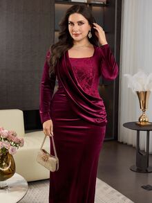Modelyn Elegant Velvet & Contrast Lace Square Neck Draped Pleated Long Sleeve Fitted Regular Fit Plus Size Dress For Spring And Autumn - Burgundy - View 1