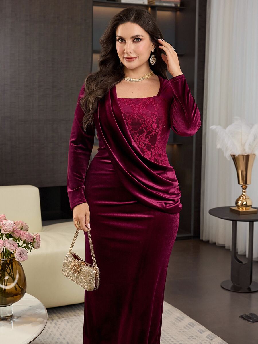 Modelyn Elegant Velvet & Contrast Lace Square Neck Draped Pleated Long Sleeve Fitted Regular Fit Plus Size Dress For Spring And Autumn - Burgundy - View 1