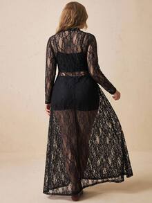 SHEIN VCAY 大尺碼女款立領長袖蕾絲透視性感洋裝 - 黑色 - 查看 8