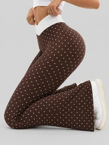 SHEIN Velisys Women's Casual Polka Dot Print Patchwork Flare Pants - Coffee Brown - View 6