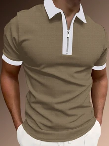 Manfinity Homme 男士半拉鍊 Polo 衫，適用於高爾夫球、正式場合 - 芥末黃 - 查看 1