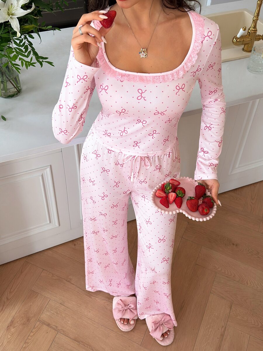 SweetSlumber Sweet Ins Bow Print Lace Patchwork Long Sleeve Women's Pajama Set - Pink - View 1