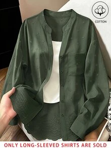 Franclia 時尚春秋休閒百搭純色刺繡可追溯純棉布料寬鬆缺口V領前開扣女款襯衫 - 軍綠色 - 查看 1