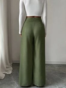 Elenzga 女款淡粉色秋季優雅辦公通勤竹纖維面料前疊層扣飾專業休閒寬鬆飄逸直筒長褲 - 綠色 - 查看 2