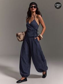 Athîral Women's Casual Open Neck Cold Shoulder Solid Color Lace Up Sleeveless Top And Balloon Pants 2 Pieces Set, Suitable For Daily Wear, Dates, And Parties - Navy Blue - View 1