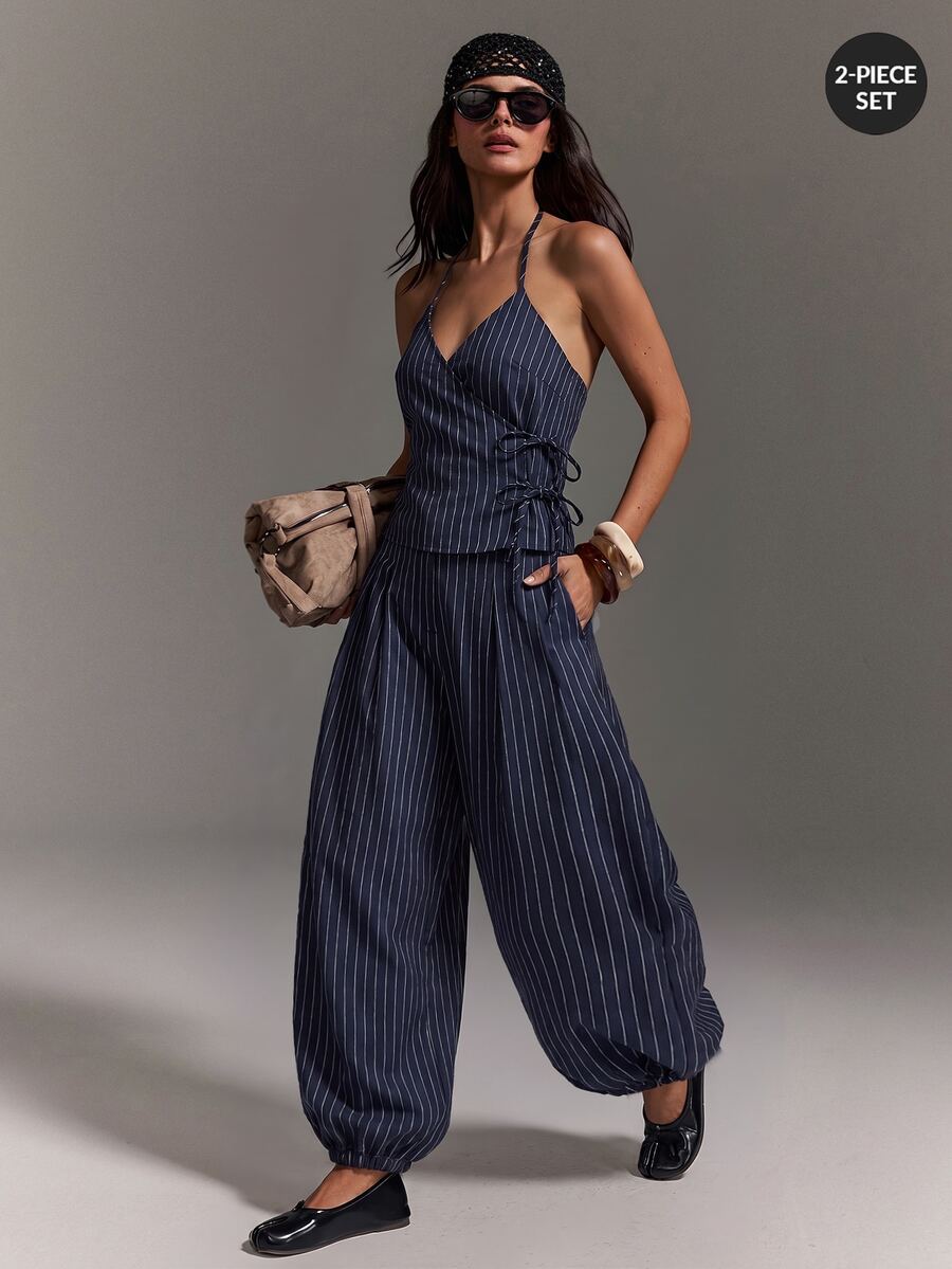 Athîral Women's Casual Open Neck Cold Shoulder Solid Color Lace Up Sleeveless Top And Balloon Pants 2 Pieces Set, Suitable For Daily Wear, Dates, And Parties - Navy Blue - View 1