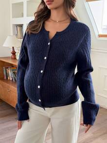 Dazy Maternity Solid Color Fitted Long Sleeve Twisted Rope Vintage Casual Korean Style Daily Autumn/Winter Knit Cardigan For Pregnant Women - Navy Blue - View 3