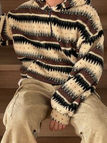 DAZY Autumn/Winter Teddy Fleece Vintage Striped Zip-Up Half-Open Hooded Sweatshirt For Men, Korean Style Hoodies - Multicolor - View 8