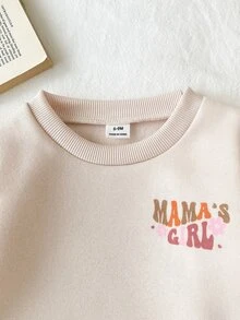 SHEIN 2件組女嬰可愛「MAMA'S GIRL」字母花朵印花套頭上衣搭配粉色條紋長褲休閒套裝 秋冬款 - 粉色 - 查看 4