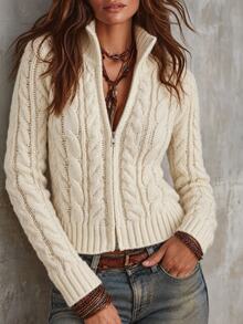 Solivie Women's Autumn/Winter High Neck Knit Cardigan White Top - White - View 5