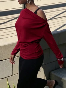 INAWLY Solva Women's Solid Color Asymmetrical Shoulder Long Sleeve Fashion Elegant Top - Burgundy - View 7