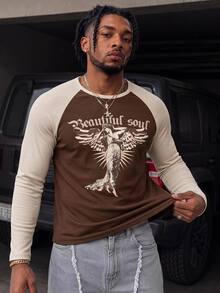 HIMLAND Men's Letter Angel Print Raglan Long Sleeve Casual T-Shirt - Brown - View 4