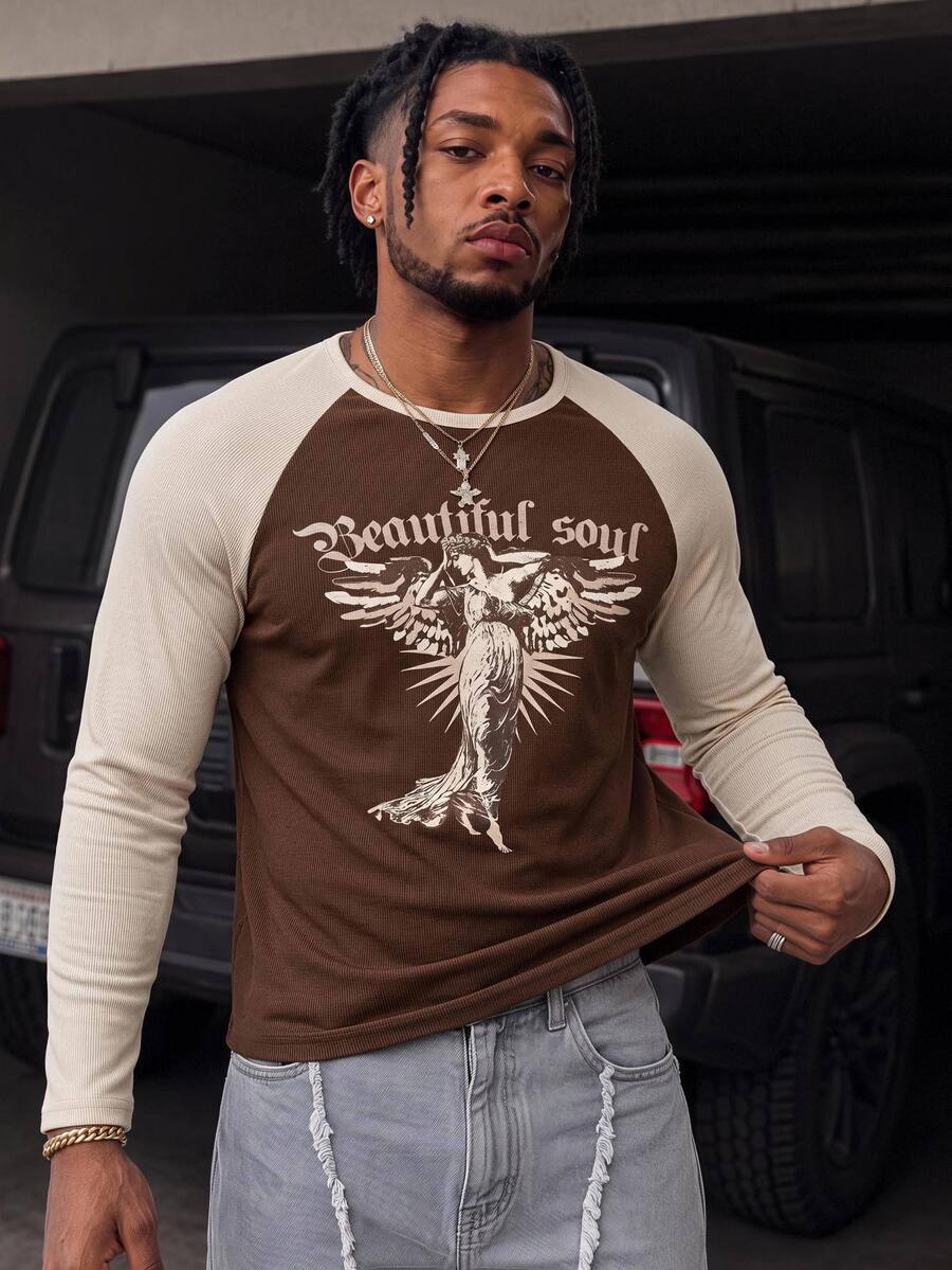 GETOML Men's Letter Angel Print Raglan Long Sleeve Casual T-Shirt - Brown - View 1