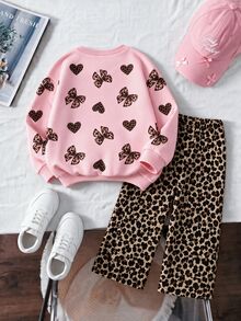 Baby Girls 2pcs Set Fashion Casual Leopard Print Bow Heart Print Crew Neck Long Sleeve Sweatshirt Leopard Print Wide Leg Pants Soft Fabric Suitable For Christmas Outings Autumn/Winter - Multicolor - View 2