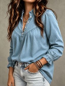 Linhara CURVE Women's Fashion Blue Denim Effect Ruffle Collar Gathered Puff Sleeve Loose Fit Versatile Blouse, Suitable For Daily Wear, Outings, Commuting, Casual Dating - Grey - View 4