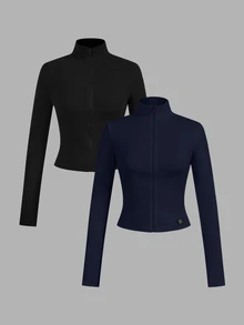 SHEIN EZwear 2件裝黑白配色針織拉鍊長袖女款T恤 - 彩色 - 查看 11