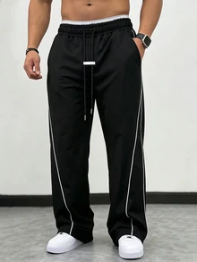 Manfinity Homme Men's Mature Casual Black Colorblock Sports Sweatpants, Plus Size, Perfect Holiday Gift Choice - Black - View 4