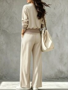 Zayélia 中年女性拼接條紋 2 合 1 T恤與長褲運動休閒套裝，白色，秋季 - 彩色 - 查看 2