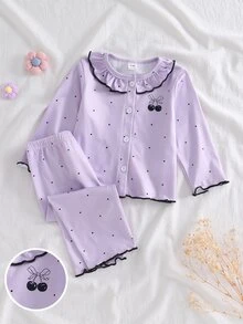 2pcs Baby Girl Comfortable Soft Purple Polka Dot Cherry Pattern Round Neck Ruffle Trim Button Front Long Sleeve Pants Flame Retardant Pajama Set - Mauve Purple - View 3
