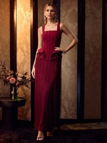 MOTF Soiréza ELEGANT STRAPS SLEEVELESS MAXI GOWN WITH FRINGE HEM FOR FORMAL PARTIES, WEDDINGS, GALAS - Burgundy - View 4