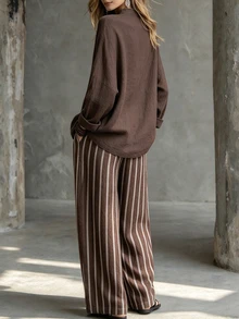 SHEIN Women's Solid Color Frog Button Design Long Sleeve Shirt And Striped Long Pants 2 Pieces Set - Brown - View 2
