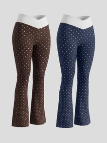SHEIN Velisys Women's Casual Polka Dot Print Patchwork Flare Pants - Coffee Brown - View 5