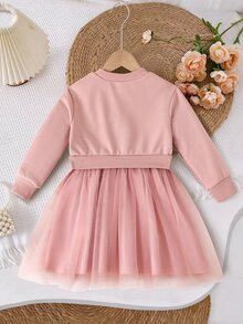 SHEIN Glamorique Kids 女童單件蝴蝶結裝飾圓領長袖網紗下擺洋裝，清新優雅、甜美可愛，適合秋冬穿著 - 粉色 - 查看 2