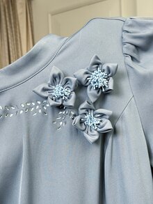 Modelyn Women's 3D Floral Decor Pleated Casual Party Long Dress - Blue - View 7