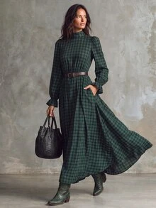 Solivie Women's Autumn Green Plaid Dress Long Sleeve - Green - View 5