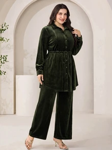 Modelyn Plus Size Women Solid Color Pleated Long Sleeve Top And Pants Casual Daily 2 Pieces Set - Olive Green - View 6