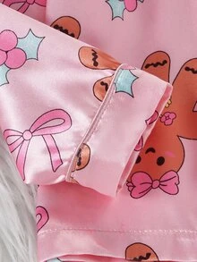 Young Girl Autumn/Winter Christmas Pajamas 2pcs Gingerbread Man Satin Button Long Sleeve Pants Lapel Print Girls - Multicolor - View 5