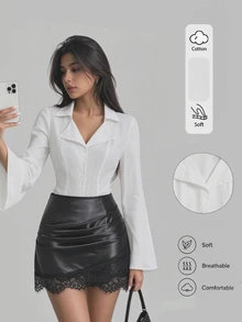 Sweetra Women's Vintage Spicy Style Fitted Long Sleeve Blouse With Cinched Waist And Flared Hem - White - View 4