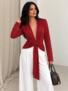 INAWLY Burgundy Deep V-Neck Tie-Front Long Sleeve Ribbed Knit Top, Slim Fit - Burgundy - View 9
