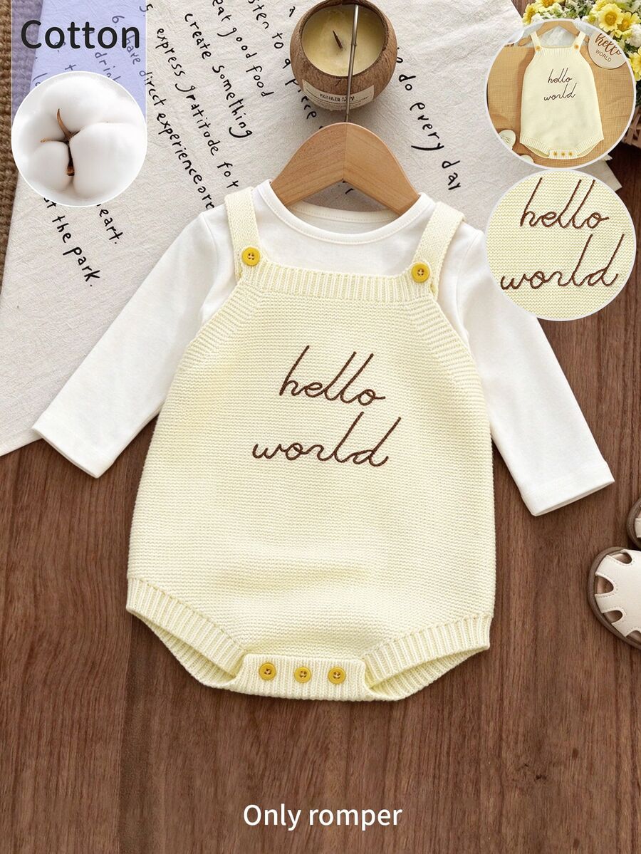 SHEIN Infant Cami Sweater Romper Hello World Letter Embroidery Knit Camisole Newborn Commemorative Outfit Minimalist Baby Clothing - Beige - View 1
