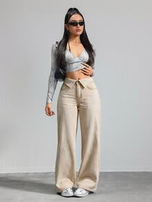 SHEIN Tall 女款摺腰直筒寬鬆休閒百搭牛仔褲 - 卡其色 - 查看 5