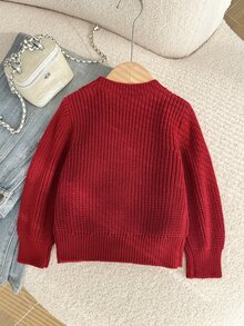 HELLO KITTY AND FRIENDS | SHEIN GraphicGems 女童圓領刺繡針織套頭毛衣，純粉色，可愛甜美休閒簡約百搭，舒適柔軟，適合日常穿著、戶外、上學、玩耍、野餐、旅行 - 紅色 - 查看 2