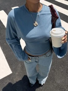 Muchica 女款灰藍色蝙蝠袖修身長袖T恤，優雅街頭風秋冬休閒時尚基本款上衣，適合外出、日常與派對穿著 - 霧霾藍 - 查看 6