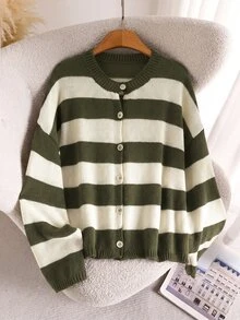 Elaquor Plus Size Women's Striped Drop Shoulder Long Sleeve Single-Breasted Knit Cardigan Winter - Green - View 6