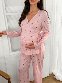 Moonlight&Mama Casual Cherry Plaid Print Tie Design Pullover Long Sleeve Top And Long Pants Maternity Pajama Set - Multicolor - View 3