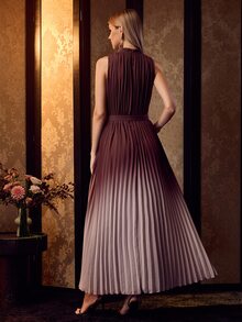 MOTF PREMIUM ELEGANT BROWN OMBRE CHIFFON DRESS WOMEN SLEEVELESS PLEATED BELTED RUCHED EVENING PARTY GOWN - Brown - View 3