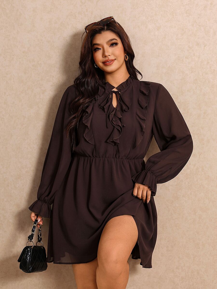 Elaquor Plus Size Women's Solid Color Ruffle Hem Casual Party Dress - Brown - View 1