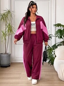 SHEIN EZwear 大尺碼女款拼色長袖拉鍊夾克與鬆緊腰長褲兩件套 秋季 - 酒紅色 - 查看 4