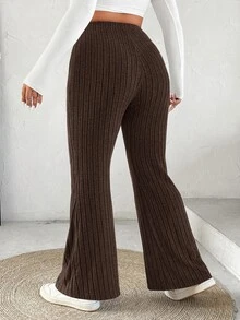 SHEIN EZwear 大尺碼女款素色開衩羅紋喇叭褲 秋季 - 巧克力棕 - 查看 2