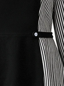 GlowEve CURVE Plus Size Women Casual Striped Patchwork Waist-Cinching Shirt And Pants 2 Pieces Set - Black and White - View 4