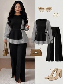 GlowEve CURVE Plus Size Women Casual Striped Patchwork Waist-Cinching Shirt And Pants 2 Pieces Set - Black and White - View 5