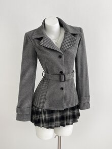 Mori Grove Mori Grove Women's New Lapel Collar Long Sleeve Cinched Waist Waist Slim Fit Houndstooth Tweed Jacket, Versatile For Daily Commute, Spring Autumn Winter, Preppy Style - Grey - View 3