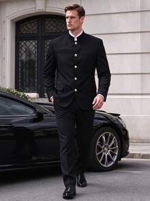 Manfinity Mode Men's Luxury Mandarin Button Design Stand-Collar Blazer, Suitable For Daily Commuting, Business, Gatherings, And Parties. - Black - View 4