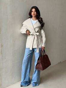 SHEIN Glamour معطف نسائي كاجوال بلون موحد وأكمام طويلة وياقة كبيرة للخريف/الشتاء - كاكي - مشاهدة 6
