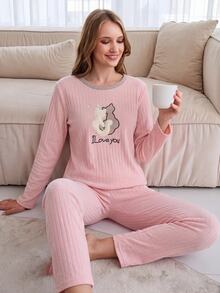 EURMUSE 100% Cotton 2 Pcs  Cat Embroidered Detail Shirt And Striped Sleep Bottom PJ Set - Multicolor - View 1