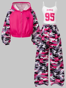 SHEIN 3件套女童套裝，甜酷韓系休閒風，適合校園出遊日常春/秋穿搭，粉色迷彩數位印花拼接配色，蝴蝶結印花連帽外套與細肩帶寬腿褲套裝 - 玫紅色 - 查看 3